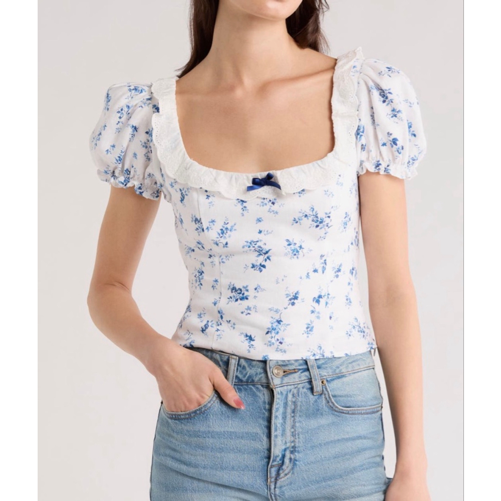 Reformation Alice Linen Blue Floral Puff Sleeve Top NWT Size S crop blouse